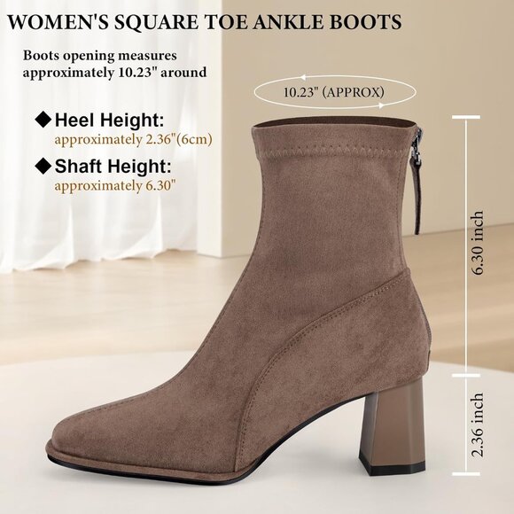Women's Square Toe Ankle Chestnut Boot Faux Suede Low Brown Heel Chelsea Shoes - Picture 5 of 9